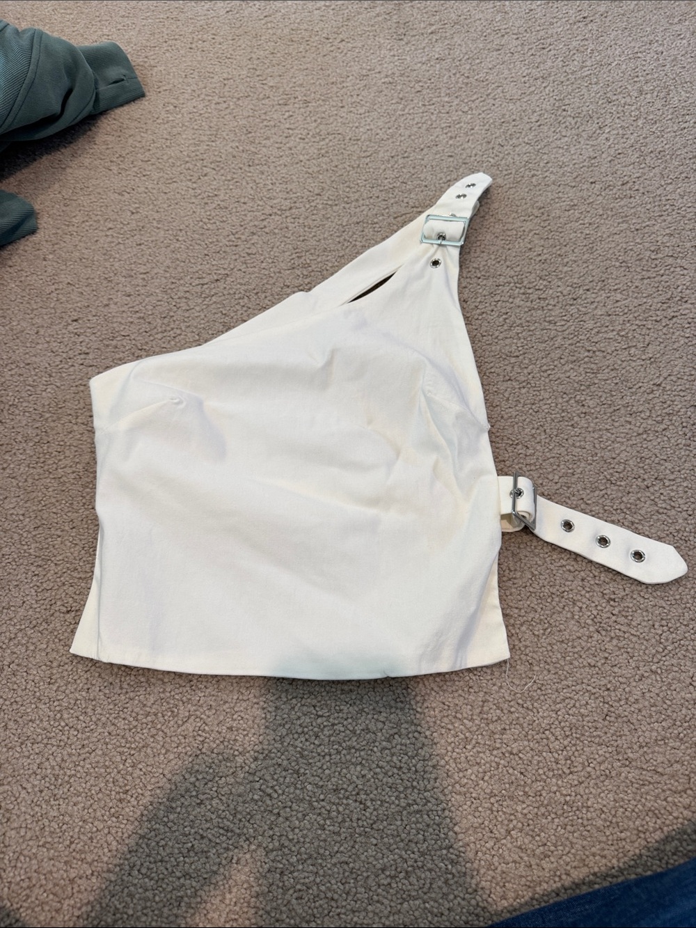 White One-Shoulder Buckle Crop Top
